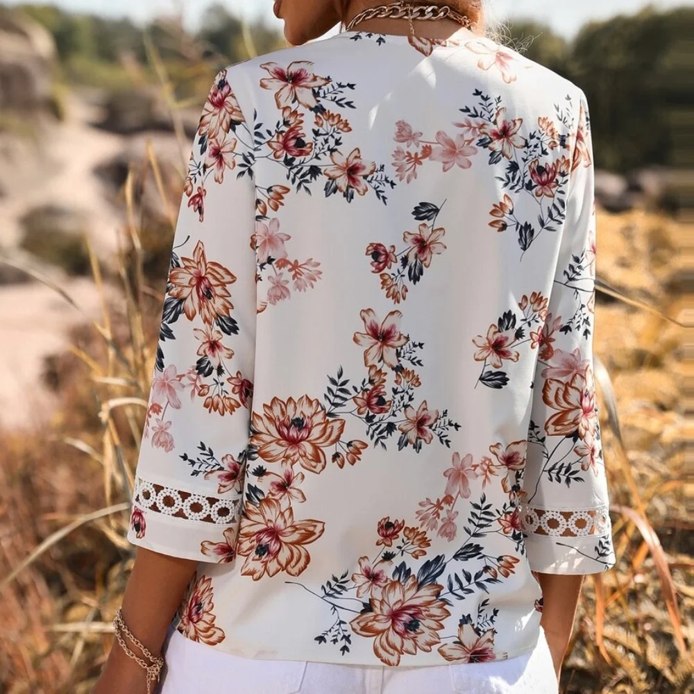 Boho Floral Print Lace V neck Flounce Sleeve Blouse - Picture 5 of 5